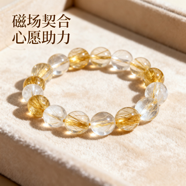 淘宝天猫1:1比例水晶手串电商主图，画面主体为金发晶搭配白水晶的通透手串，放置在高级感浅米色丝绒背景上，光线柔和通透，突出水晶的清透发丝纹理，左上角添加精致艺术字"磁场契合 心愿助力"，整体风格轻奢治预览效果