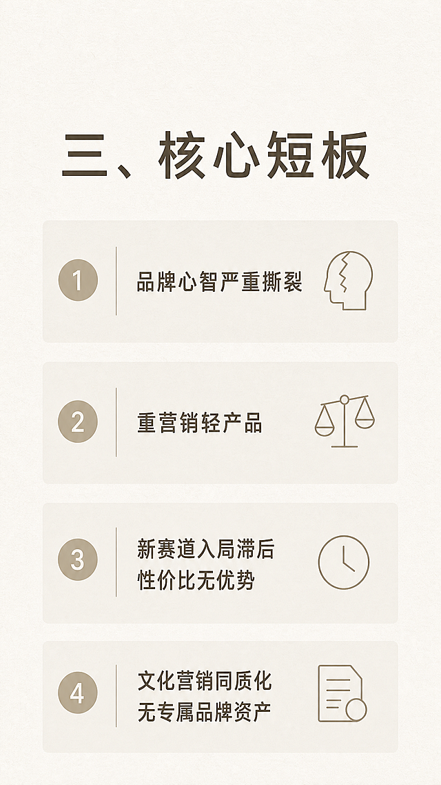 重新制作这张信息图，删除图上"第三部分"的文字，标题统一为"三、核心短板"，和示例"一、近期核心营销动作"格式保持一致，内容介绍小罐茶四个需要优化的方向：品牌心智严重撕裂、重营销轻产品、新赛道入局滞后性价比无优势、文化营销同质化无专属品牌资产。整体风格依然保持无印良品风格，极简干净，留白充足，浅色系，简约排版，文字清晰，自然舒适。