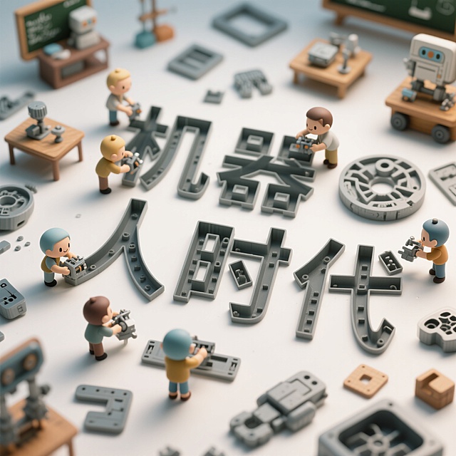 微观世界场景，教学仪器风格，一群Q版小人正在组装由多个各式各样模具组成的未完成字体“机器人时代”，呈现半成品状态，周围散落着未组装的模具，整体为可爱风格，画面大量留白，精致的光线照射，准确的比例，丰富的想象力，细节刻画准确，大师级获奖摄影作品