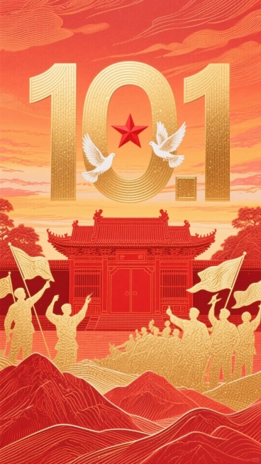 从暖红色到橙色渐变的绚丽背景，好似绚烂晚霞铺满画面。画面中央焦点是巨大的金色 “10.1” 数字，数字线条流畅，散发着耀眼光芒。其中 “0” 里镶嵌着一颗鲜艳的红色星星，
围绕着金色数字，白鸽优雅地展预览效果