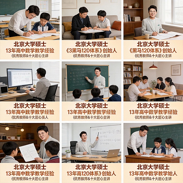 老师在辅导学生高中数学作业，学生年纪在16岁左右，老师替换成这张，并且在图片内加上北京大学硕士
13年高中数学教学经验
《黑马120体系》创始人
优秀教师&十大匠心主讲
文字的颜色和字体需要一致（需要融入到图片里面去）文字需要有设计感并且放在中间
九宫格类型、九宫格内不准有重复的内容
场景可以多样性比如教室、客厅、咖啡厅、办公区等