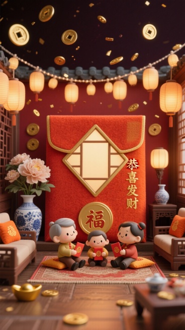 对称构图。主体是巨型绒面红包立体场景，红包正面开菱形窗，一家三口坐在地毯上包压岁钱，红包表面烫金印 “恭喜发财” 与元宝图案，整体透出暖橙光。场景置于中式客厅内，周围点缀青花瓷瓶、绢花牡丹、带福字的坐预览效果