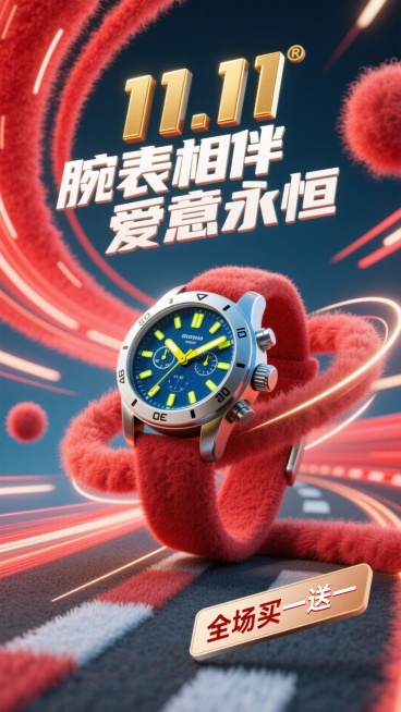 背景是充满动感的亮红色速度线抽象光影，如同赛道上飞驰的轨迹。一款硬朗的机械运动手表以微微倾斜的角度置于画面中心，表盘细节清晰，指针散发着幽蓝或亮黄色的夜光，与红色背景形成强烈撞色。表身周围有金属质感的预览效果