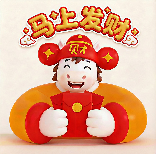 软3D风卡通马拟人形象，国潮红金配色，手持红包，喜庆充气质感，寓意“马上发财”，节日氛围浓厚。