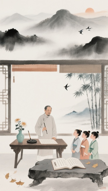 中国水墨画风格，淡雅墨色为主，局部点缀赭石、花青传统色彩，笔触兼具写意与工细，画面留白意境悠远，水墨晕染效果自然，东方古典美学韵味。竖版构图分三层：上部淡墨远山云雾，中部核心场景，下部留白。核心场景中预览效果