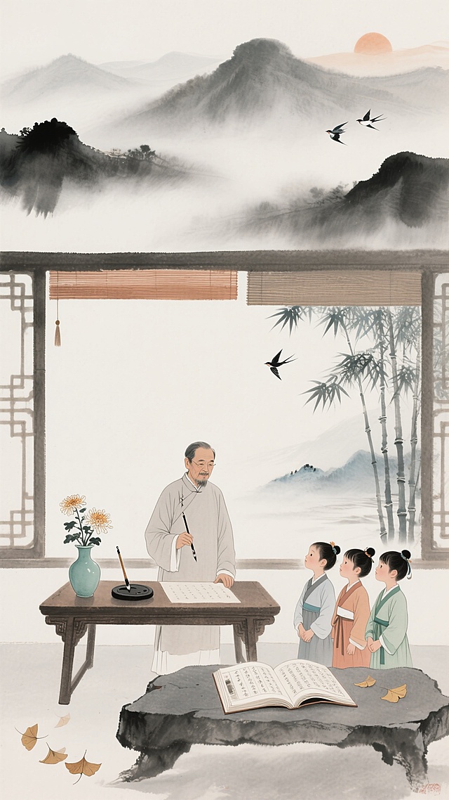 古典中式工笔水墨，文人授学，静谧文艺，竹影燕飞，书香满堂。