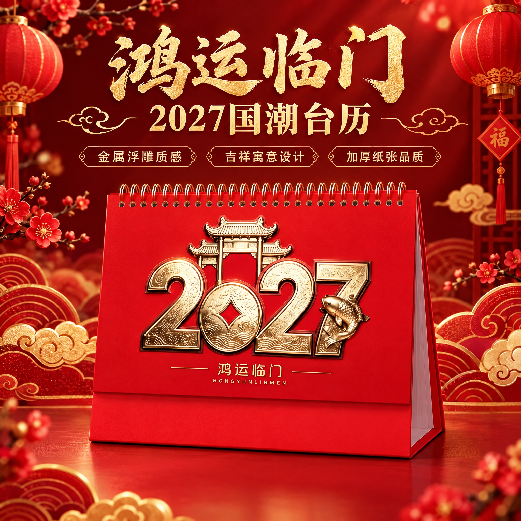 生成鸿运临门锦鲤款台历单品主图。国潮喜庆风格，红金主色调，深红… - 图片创意预览