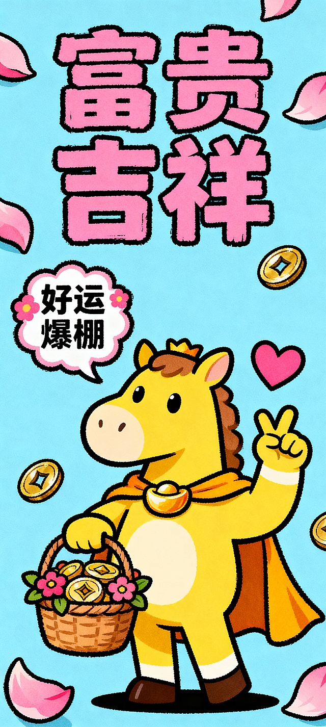 卡通潮酷手绘风格，Q 版 “马财神” 形象，整体为黄色主体，身披元宝披风，一只蹄子拎着装满金币的花篮，另一只蹄子比出 “比心” 手势；形象旁带花朵状对话框，框内写 “好运爆棚”；背景为浅蓝色，画面顶部用花体艺术字写 “富贵吉祥” 四字；画面边缘点缀粉色花瓣和金色小铜钱装饰元素；整体线条粗犷有手绘质感，粉黄撞色甜美喜庆，充满新年少女感，突出 Money God（财神）的招财属性。