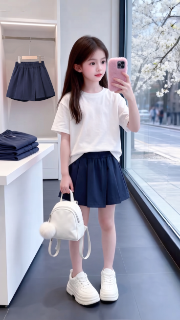 用图1的短袖和裙裤替换图的2的人物穿的衣服裤子和旁边桌子上折叠的衣服以及后方衣架上挂着的衣服，保留原场景光影，保持图2的人物的五官和发饰不变，姿势不变，背景不变，图片宽高尺寸不变，保持图1的短袖和预览效果