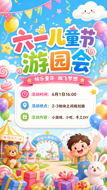 六一儿童节游园会邀请海报，风格活泼童趣，色彩鲜艳。主标题写“六一儿童节游园会”，下方标注活动信息：活动时间“6月1日16:00”，活动地点“2-3地块之间规划路”，活动内容包含“小游戏、小吃、手工DI预览效果