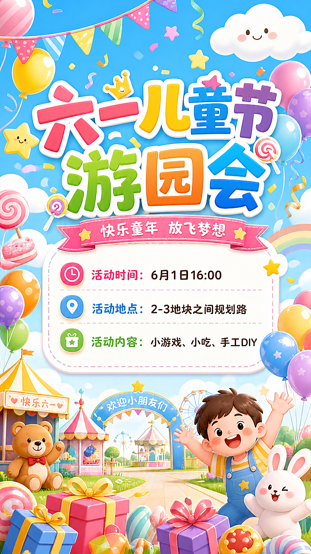 六一儿童节游园会邀请海报，风格活泼童趣，色彩鲜艳。主标题写“六一儿童节游园会”，下方标注活动信息：活动时间“6月1日16:00”，活动地点“2-3地块之间规划路”，活动内容包含“小游戏、小吃、手工DIY”。整体画面温馨欢快，有气球、彩带等儿童节元素，文字清晰排版美观。