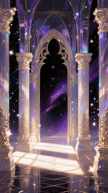哥特式华丽拱廊，雕花立柱，丁达尔光效，点缀细碎星光粒子；背景是星空，整体色彩以深紫、墨黑、鎏金为主，构图为中心聚焦+对称平衡。神圣梦幻，暗色调奢华，光影交错，超现实魔法空间，金属光泽装饰，星空粒子特效预览效果