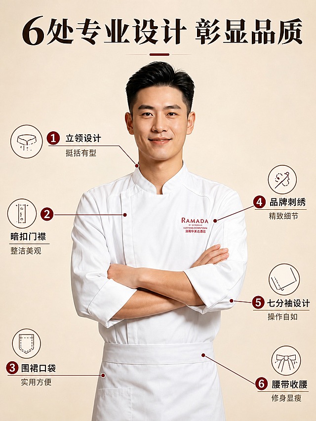 [主图-2] 厨师工作服6处专业设计细节展示图，3:4竖版电商主图。
[统一基调] 高端酒店餐饮风格，暖金米白配色，深棕色主标题字，酒红色强调色，衬线粗体大标题+无衬线说明文字，圆角图标卡片，整体专业大气有品质感。
[画面] 亚洲男性厨师模特身穿同款白色立领七分袖厨师服+白色围裙，上半身近景展示，双臂交叉微笑，模特占画面60%位于画面中央。浅米色纯净背景。画面用6条细引线从服装不同部位引出，分别指向6个设计点，每个点配圆形图标和编号。左侧3个：立领设计、暗扣门襟、围裙口袋；右侧3个：品牌刺绣、七分袖设计、腰带收腰。
[光影质感] 专业棚拍质感，柔和均匀正面光，服装面料纹理清晰可见，立领、门襟、袖口等结构细节分明，阴影自然不生硬。
[配色] 背景浅米色渐变，主标题深棕色，编号和引线酒红色，图标深棕线条，白色厨师服保持洁白。
[文字版式] 顶部大标题"6处专业设计 彰显品质"。6处设计点用编号1-6圆形标识+细引线连接对应部位，每个点配两行文字：第一行加粗设计名称，第二行小字说明（如"立领设计 挺括有型"）。左右对称分布，文字不遮挡服装主体。
[输出要求] 3:4竖版比例，文字清晰，服装细节清晰可见，引线标注准确。禁止变形、错字、模糊、水印、平台Logo。