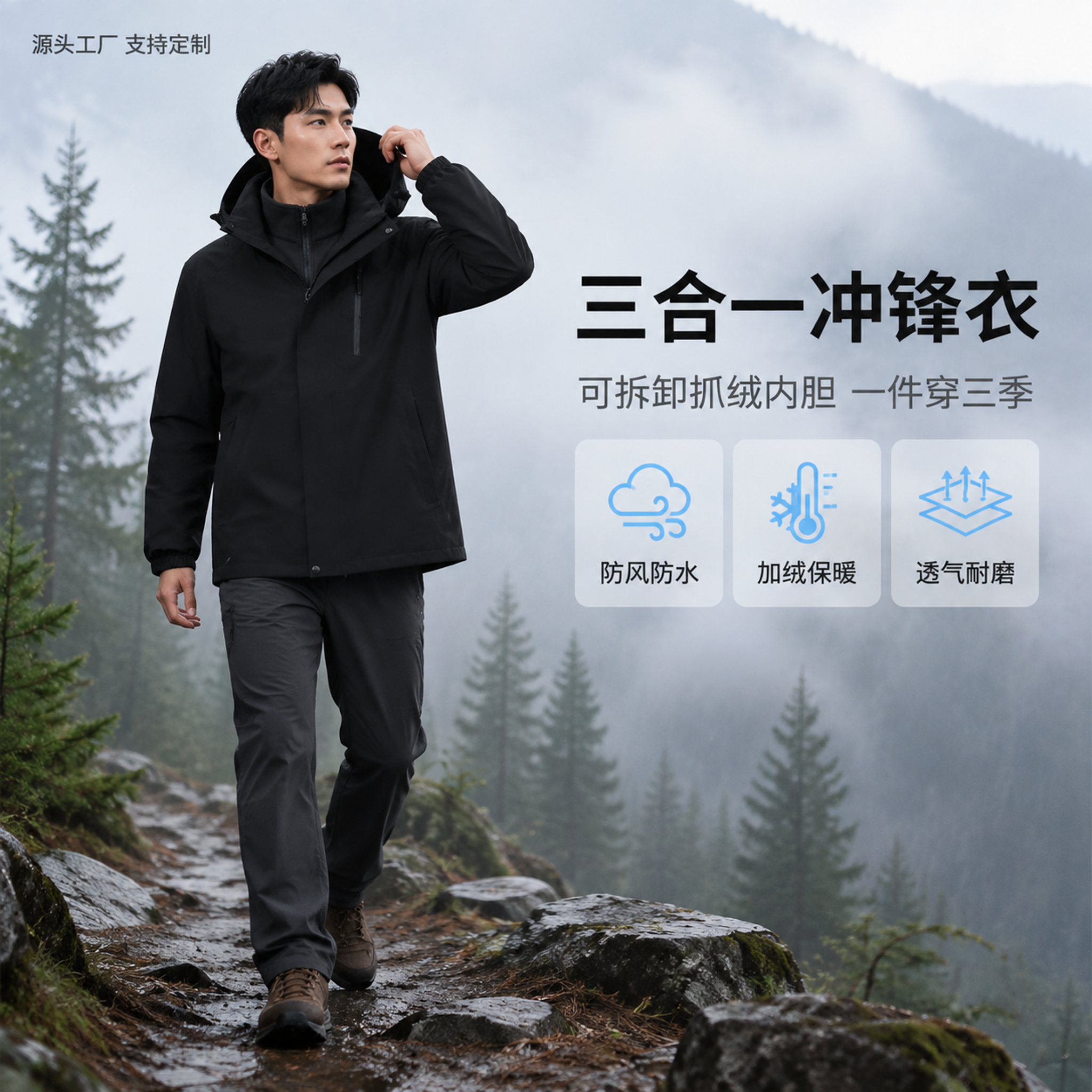 [主图-1] 黑色三合一冲锋衣核心卖点首图。 [氛围风格] 高… - 图片创意预览