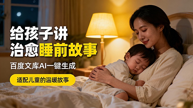 横版比例，温馨治愈风格的亲子工具宣传广告图。背景为写实的夜晚卧室实景，暖黄色台灯营造出静谧柔和的氛围，画面主体是一位母亲温柔抱着安睡的孩子。左侧为文案区：用加粗白黄撞色字体呈现主标题 “给孩子讲 治愈睡前故事”，下方是 “百度文库AI一键生成”，并配有一个黄色圆角按钮“适配儿童的温暖故事”。整体色彩以暖黄、米白为主，构图左右平衡，视觉动线清晰，适合推广亲子向的 AI 内容生成工具。