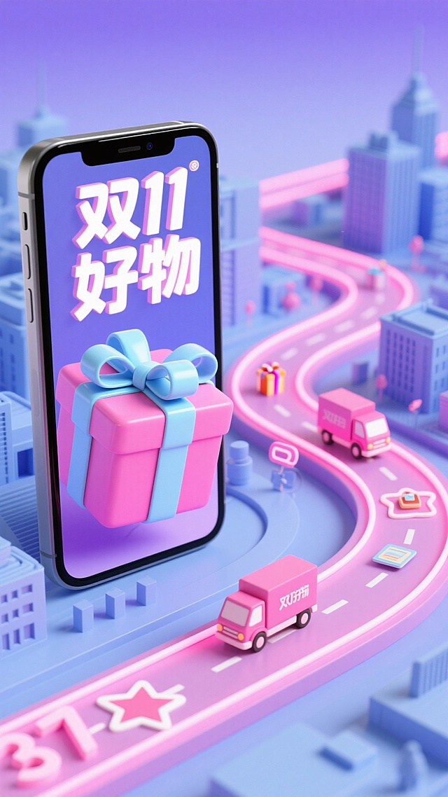 梦幻感与科技感交融的3D微缩城市，手机屏幕中跃出粉色礼盒，霓虹灯风道路蜿蜒，粉色快递车穿梭，软3D风格营造可爱促销氛围，双11好物主题鲜明。