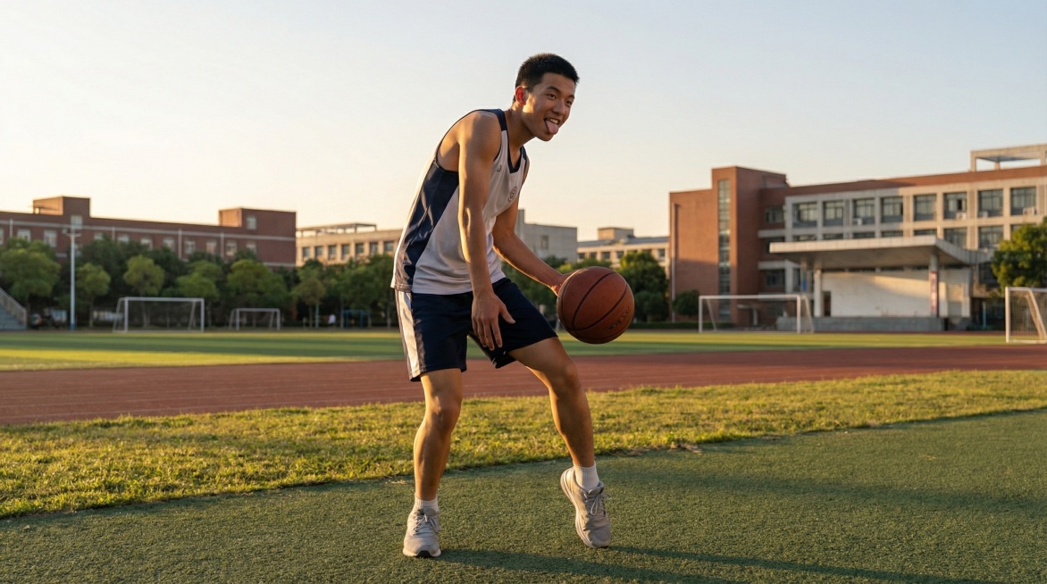 将线稿完善为摄影写实风格，人物为中国高中生，在室外开阔的操场，初夏下午5点，男生吐舌头，人物保持原有的动作姿态和角度不变，阳光照亮了男生左半边身体预览效果