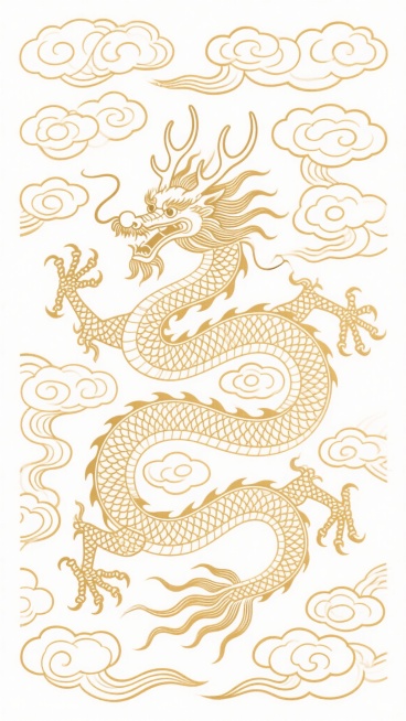 中国传统风格金色龙纹线描图案，主体为一条蜿蜒盘旋的龙，龙身覆盖细密鳞片，头部有鹿角状龙角、长须飘动，龙爪遒劲有力，周围环绕多层祥云纹，整体采用单线勾勒技法，线条流畅细腻，具有传统吉祥图案的对称美感和繁复装饰性，画面以白色为背景，金色线条勾勒出清晰的轮廓和纹理，呈现出古典、庄重、威严的东方神韵。预览效果