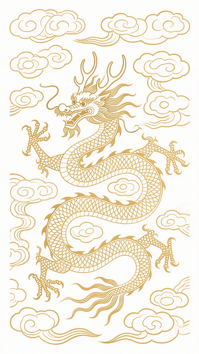 中国传统风格金色龙纹线描图案，主体为一条蜿蜒盘旋的龙，龙身覆盖细密鳞片，头部有鹿角状龙角、长须飘动，龙爪遒劲有力，周围环绕多层祥云纹，整体采用单线勾勒技法，线条流畅细腻，具有传统吉祥图案的对称美感和繁复装饰性，画面以白色为背景，金色线条勾勒出清晰的轮廓和纹理，呈现出古典、庄重、威严的东方神韵。