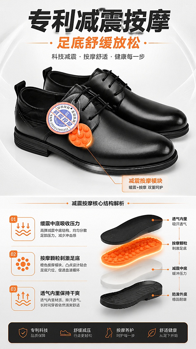 「图片1」，「图片1」「图片1」「图片1」「图片1」「图片1」生成详情页，商品名称为减震按摩鞋，适配淘宝/天猫平台，单图比例为9:16，需求屏数为5张。