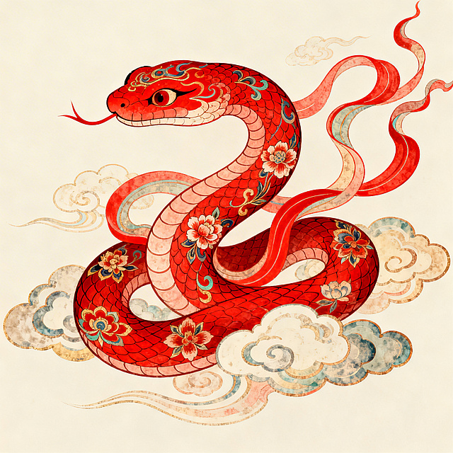 巳蛇主题插画，融合中国传统风格与敦煌壁画艺术特色，红色主色调，蛇的形象融入敦煌飞天元素、祥云纹样、传统花卉图案，线条细腻流畅，色彩饱满浓郁，具有敦煌壁画特有的厚重质感和华丽装饰性