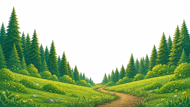 在松树的亮面增加一点黄色，道路和草坪的连接处增加一点小草长到道路上的过渡