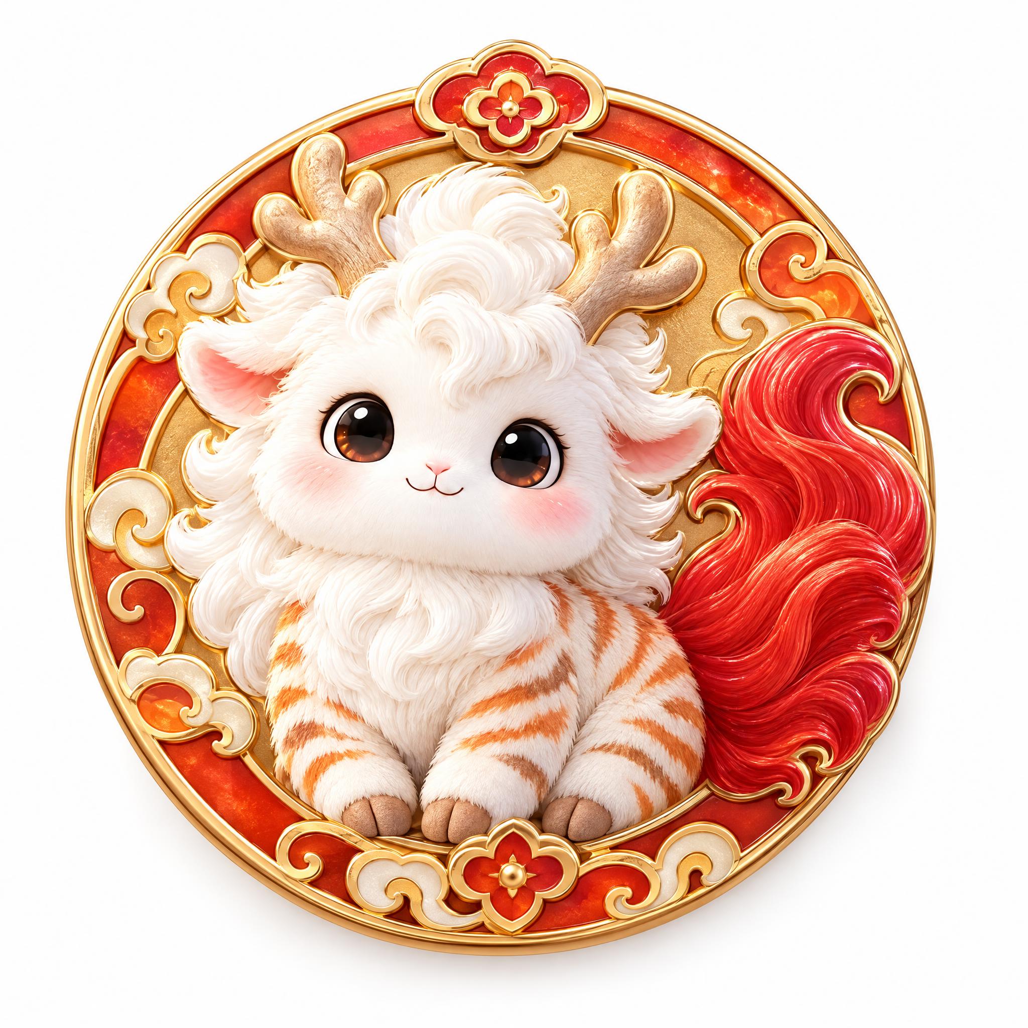 一枚精致的圆形金属胸牌徽章，以鹿蜀神兽为原型。胸牌中央是鹿蜀的… - 图片创意预览