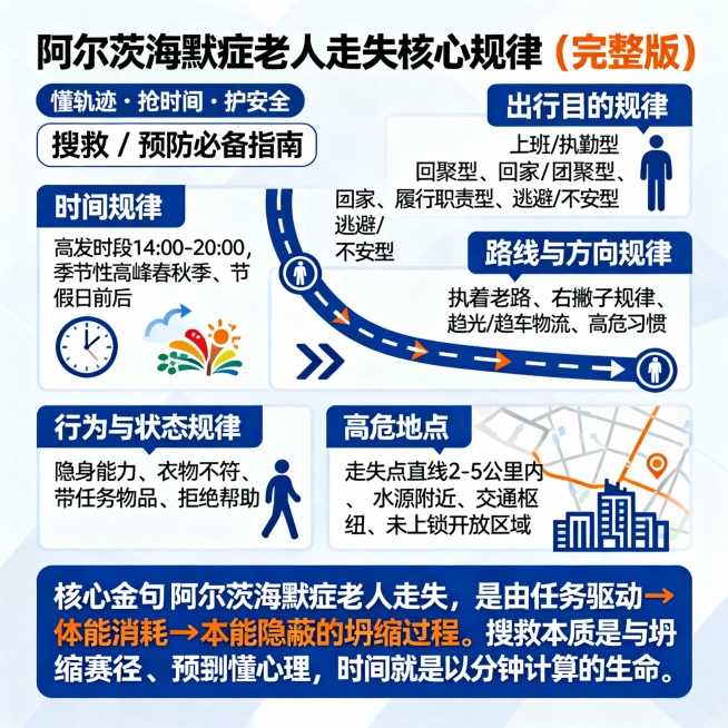图 1 总览海报（核心全收录・主宣传图）
【标题】阿尔茨海默症老人走失核心规律（完整版）
【副标题】懂轨迹・抢时间・护安全 搜救 / 预防必备指南
【正文】
一、时间规律：非全天候风险
✅高发时段：1预览效果