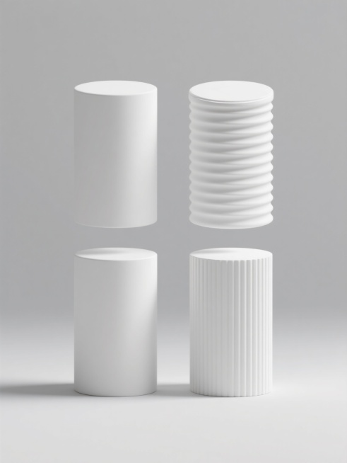 极简主义3D渲染风格，纯白哑光材质圆柱体，柔和均匀的顶光照明，底部自然阴影，简洁干净的纯色背景，四个完全不同造型的圆柱元素系列集合：第一个为基础光滑圆柱体，第二个表面带有水平环形凹槽纹理，第三个顶部设计成微微内凹的弧面，第四个侧面装饰有垂直细线条凸起，所有圆柱元素大小统一，呈2x2网格状规整排布，保持一致的光影效果和极简美学风格。预览效果
