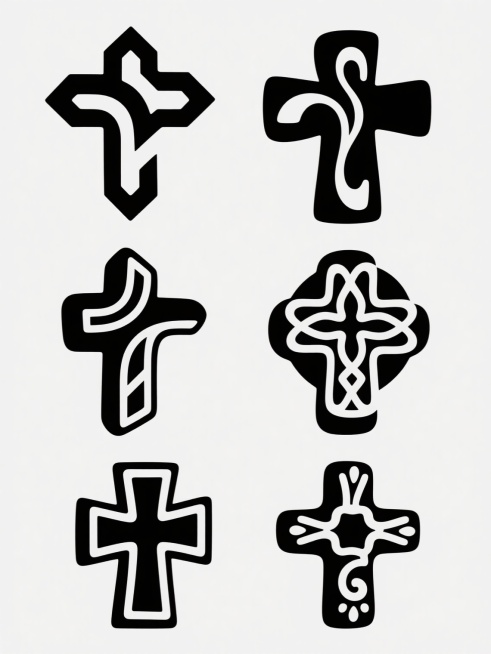 六个不同样式、不同造型、不同风格的十字架，采用简约现代的黑白矢量插画风格，线条流畅且边缘锐利，每个十字架具有独特的设计元素（如有的带有几何棱角、有的具有曲线装饰、有的呈现镂空结构、有的带有花纹细节），统一以纯黑色填充并配以白色轮廓线，整齐排列在纯白色背景上，整体构图平衡对称，视觉层级清晰，信息传达简洁明了，具有强烈的设计感和现代美学特征。预览效果