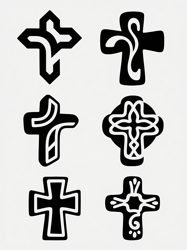 六个不同样式、不同造型、不同风格的十字架，采用简约现代的黑白矢量插画风格，线条流畅且边缘锐利，每个十字架具有独特的设计元素（如有的带有几何棱角、有的具有曲线装饰、有的呈现镂空结构、有的带有花纹细节），统一以纯黑色填充并配以白色轮廓线，整齐排列在纯白色背景上，整体构图平衡对称，视觉层级清晰，信息传达简洁明了，具有强烈的设计感和现代美学特征。
