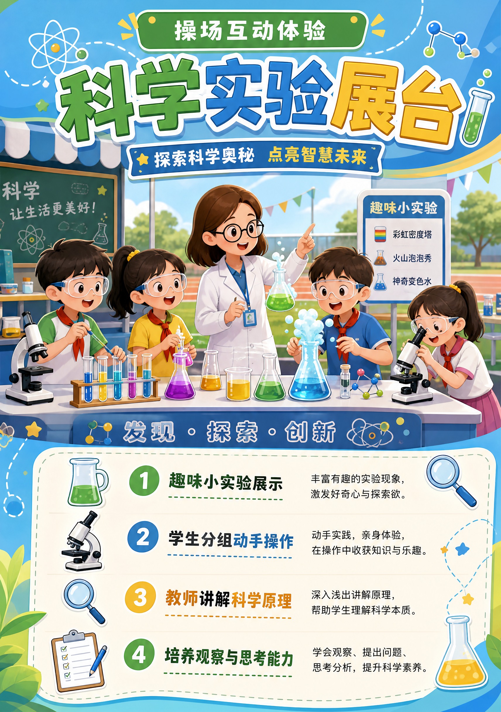卡通科技风宣传手册内页，竖版A4比例。页面主题"科学实验展台"… - 图片创意预览
