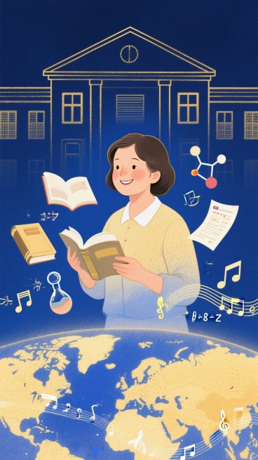 一位面带微笑、和蔼的中年女老师，她的身边 漂浮着书本、展开的试卷、化学分子结构、数学公式、音乐乐谱、世界地图等元素构成，散发着柔和的智慧光芒，背景是简约的学校大楼轮廓，概念艺术，象征意义，数字绘画，梦预览效果