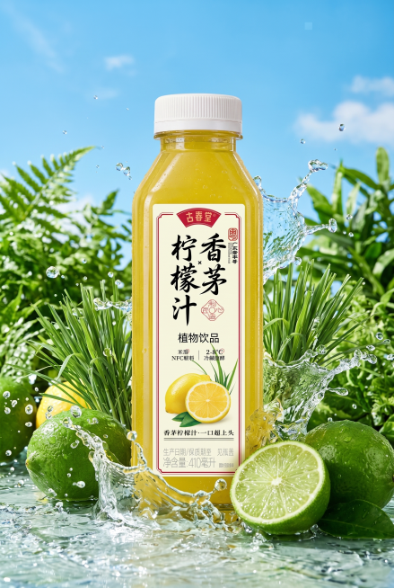 香茅柠檬汁饮品产品海报，背景是晴朗蓝天搭配清新绿植，饮品瓶身周围摆放着新鲜的完整青柠和切开的青柠，搭配泼溅的水花效果，用茅根植物点缀，整体营造出清爽、天然、适合夏季消暑的氛围感，突出产品的新鲜和清凉口预览效果