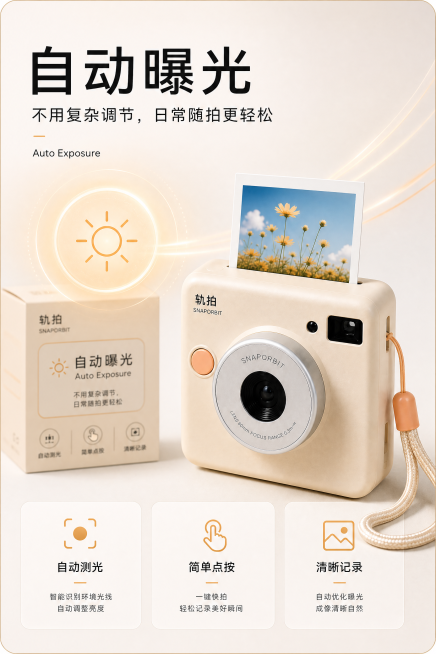 「图片1」生成一张轨拍 SNAPORBIT 轻拍立得相机功能卖点详情图，比例2:3竖版，主题为“自动曝光，轻松出片”。画面采用高级轻科技信息卡排版，相机放在画面右侧，采用正面微侧角度；左侧用太阳曝光线预览效果