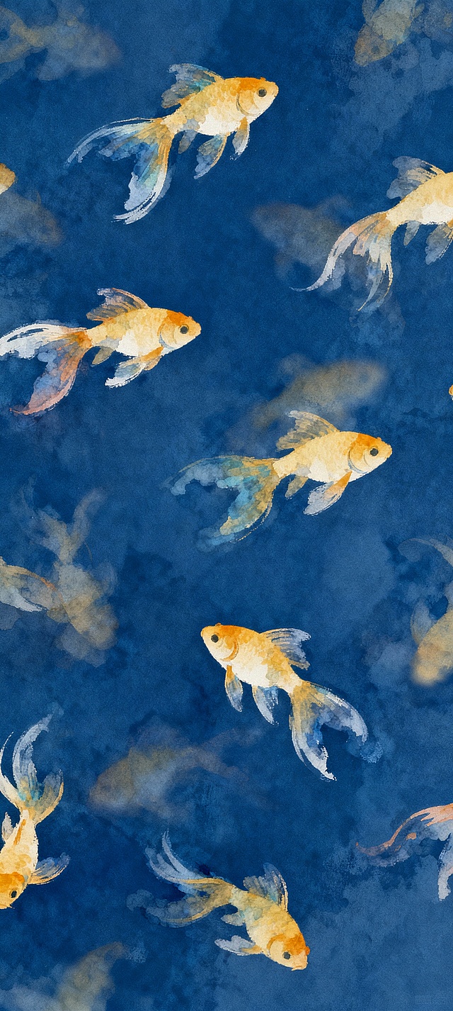 水彩风插画，金鱼在深蓝水墨中游弋，梦幻朦胧，柔和清新，虚拟自然意境。