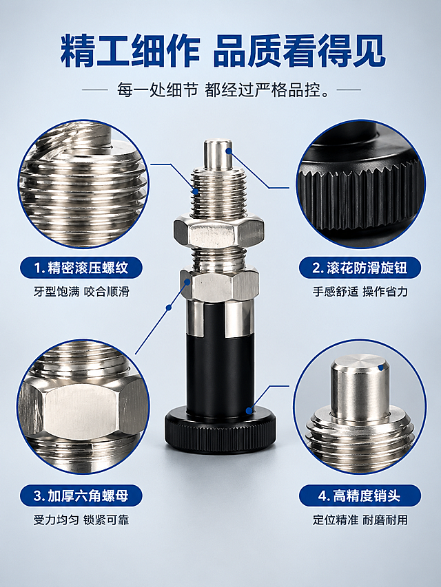 [商品] 使用【图1】不锈钢款自锁型分度销；保留完整结构，做局部微距放大处理，重点展示螺纹、旋钮滚花、六角螺母、自锁销头等细节部位，产品整体外观不变。
[画面] 详情页第5张-工艺细节特写页，目标建立品质信任感。采用1张大图+4个圆形细节放大窗的构图。画面中央偏上放置完整的分度销产品（约占40%），周围分布4个圆形放大窗口（直径约150-200px），分别放大不同细节部位：左上放大螺纹牙型、右上放大旋钮滚花、左下放大六角螺母端面、右下放大自锁销头端面。每个放大窗下方有简短说明。顶部主标题：精工细作 品质看得见。
[视觉] 套系策略：风格=工业专业商业微距摄影；标题字=无衬线粗黑体；正文字=无衬线常规体；主色=深蓝+浅灰；背景延展=浅灰色渐变背景，放大窗有深蓝色细描边和轻微阴影；强调色=深蓝色，用于放大窗边框和细节标签；标题色=深蓝色；正文色=深灰色；组件=圆形放大窗、引线、细节标签；光影=微距摄影级柔光，细节清晰锐利，金属纹理质感真实，螺纹牙峰牙谷分明。
[文字] 顶部主标题：精工细作 品质看得见；副标题：每一处细节 都经过严格品控。四个放大窗下方分别标注（横排）：1. 精密滚压螺纹 牙型饱满 咬合顺滑 2. 滚花防滑旋钮 手感舒适 操作省力 3. 加厚六角螺母 受力均匀 锁紧可靠 4. 高精度销头 定位精准 耐磨耐用。全部文字横排，字号手机端可读。
[规格] 图片比例3:4竖版，4K分辨率，避免变形、错字、细节模糊、纹理失真、水印、平台Logo。
