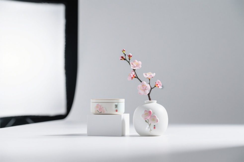 极简风格桃花文创产品展示，构图简洁干净，突出文创产品的设计质感预览效果