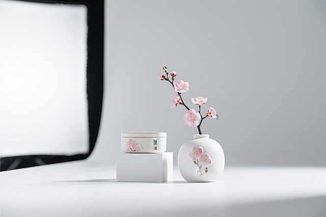 极简风格桃花文创产品展示，构图简洁干净，突出文创产品的设计质感