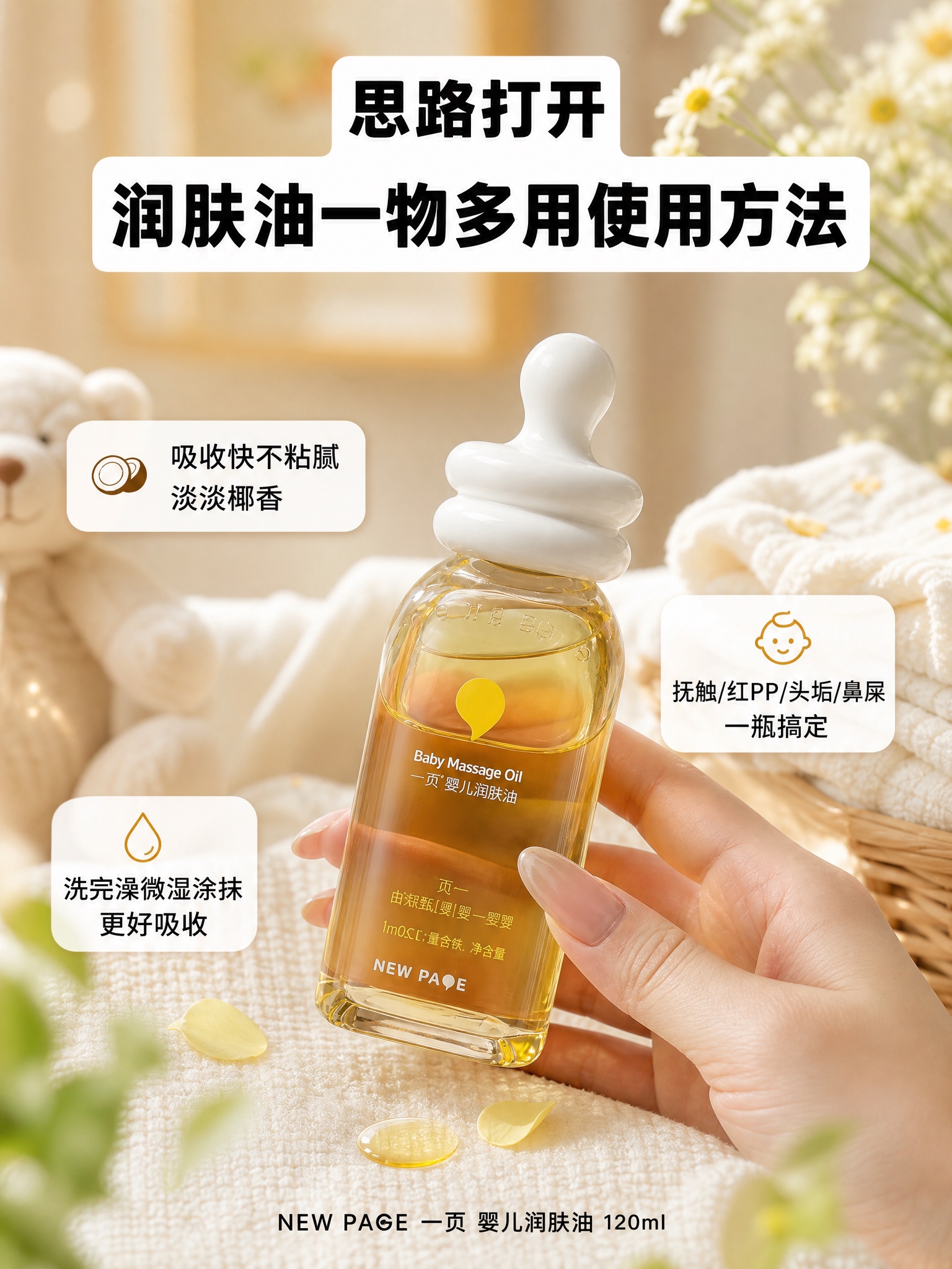 母婴种草海报，一页婴儿润肤油产品为绝对主体，100%还原上传商… - 图片创意预览