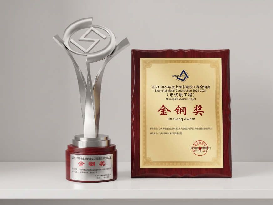 生成一组'单奖杯+单证书'的陈列图：一个银色金属奖杯（顶部有'S'形标志，底座为深红色木质）与一张装裱在深红色木质相框中的证书并列摆放；背景为浅灰色，下方是白色置物架；光线柔和，高清写实风格；参考图中预览效果
