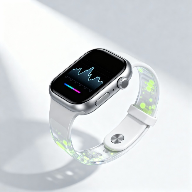 外观描述：《跃光》智能手环采用流线型一体化设计，中框为磨砂质感银色金属，线条流畅利落，兼具科技感与简约美学。弧面 OLED 显示屏与中框无缝贴合，熄屏时呈完整纯色面板，简洁大气；屏幕下方嵌细长彩色呼吸预览效果