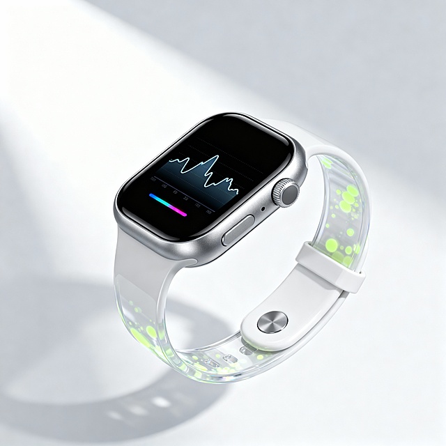 外观描述：《跃光》智能手环采用流线型一体化设计，中框为磨砂质感银色金属，线条流畅利落，兼具科技感与简约美学。弧面 OLED 显示屏与中框无缝贴合，熄屏时呈完整纯色面板，简洁大气；屏幕下方嵌细长彩色呼吸灯带，接收通知或监测时轻柔闪烁，呼应 “跃光” 主题。腕带为亲肤透明液态硅胶，内置细小荧光颗粒，光线照射下散发柔和微光，表面细密纹理提升佩戴舒适度与防滑性，可拆卸更换；手环背面为光滑陶瓷材质，集成心率、血氧传感器，传感器周围环绕精致金属圆环，整体设计简约而不失细节。
背景描述：背景为纯雾面白（或浅磨砂灰），无任何多余元素，极致简约干净。手环以 30 度斜角悬浮于画面中央，侧上方柔光均匀照射，在金属中框、屏幕边缘形成柔和高光，下方呈现淡淡自然阴影，突出产品立体感与材质质感。屏幕显示低饱和度冷光动态界面（如心率曲线、步数），光感柔和不刺眼，与简约背景形成和谐呼应，聚焦产品本身。