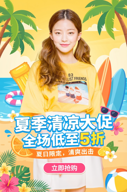 将这张图片改成电商平台女装夏季促销活动主题海报，保留人物和服装，添加夏季促销氛围，添加促销文字，整体风格清爽夏日，适合电商推广预览效果