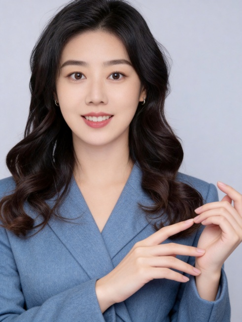 参考图中保留人物脸型、发型、年龄等特征生成职场形象照，保持人物不变，更换为雾霾蓝色精纺羊毛混纺西装外套，西裤同色，更换全新不同手势和姿势，调整手指位置，保留耳环，简约微微暖调浅灰色纯色背景，画质超高分预览效果