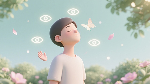 3D插画风格，C4D渲染，OC渲染，Blender建模，柔软光线，低饱和度柔和色调，莫兰迪色系，光滑材质，细腻纹理，影棚打光，8k分辨率，超细节，极简场景构图，人物居中半身，背景纯净淡色渐变，人物站在浅色调花园中，闭眼仰头，面部周围环绕五个极淡发光图标眼睛耳朵鼻子嘴巴手掌，周围飘浮着几片淡粉色花瓣、一只浅色蝴蝶、几个微小光点，身后是模糊浅绿色花丛，阳光透过树叶洒下柔和光斑，表情沉浸享受，极简场景，纯净极浅薄荷绿渐变背景，整体氛围轻柔敏锐，五官感知