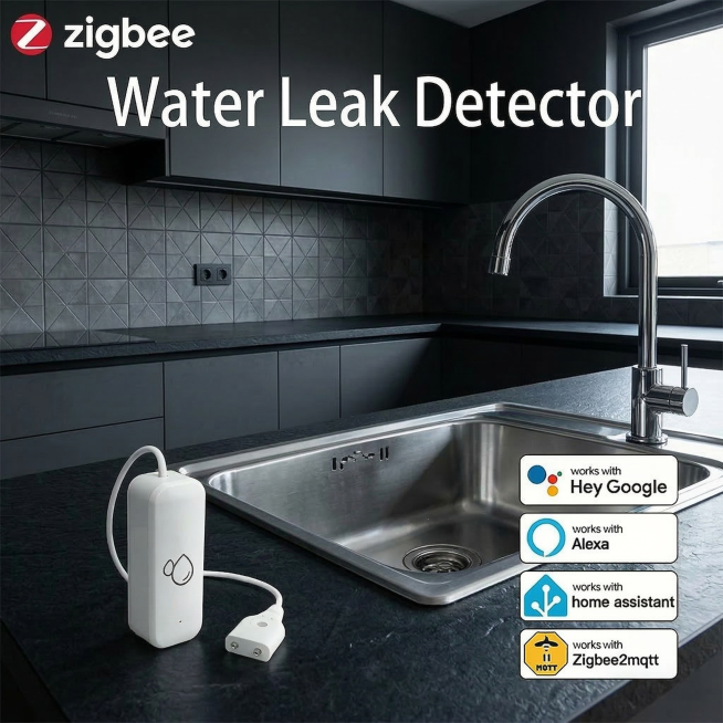 保留产品主体zigbee Water LeakDetector水浸传感器和所有文字Logo信息不变，替换背景为更具差异化的现代简约深色系厨房场景，保持产品物理结构不变，保持文字不变，跨境电商商业摄影风预览效果