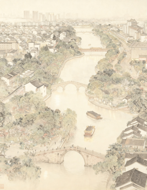 以传统中国工笔画风格创作苏派江南水乡景色，保留运河拱桥、游船、白墙黛瓦建筑的构图，体现诗情画意的园林意境，展现江南水乡的温婉韵味，整体色调雅致和谐预览效果