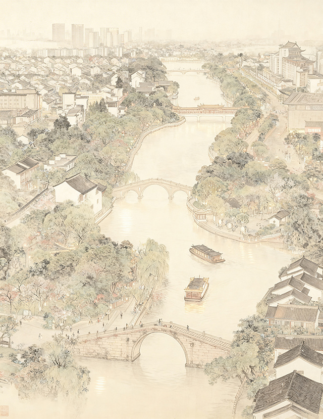 以传统中国工笔画风格创作苏派江南水乡景色，保留运河拱桥、游船、白墙黛瓦建筑的构图，体现诗情画意的园林意境，展现江南水乡的温婉韵味，整体色调雅致和谐