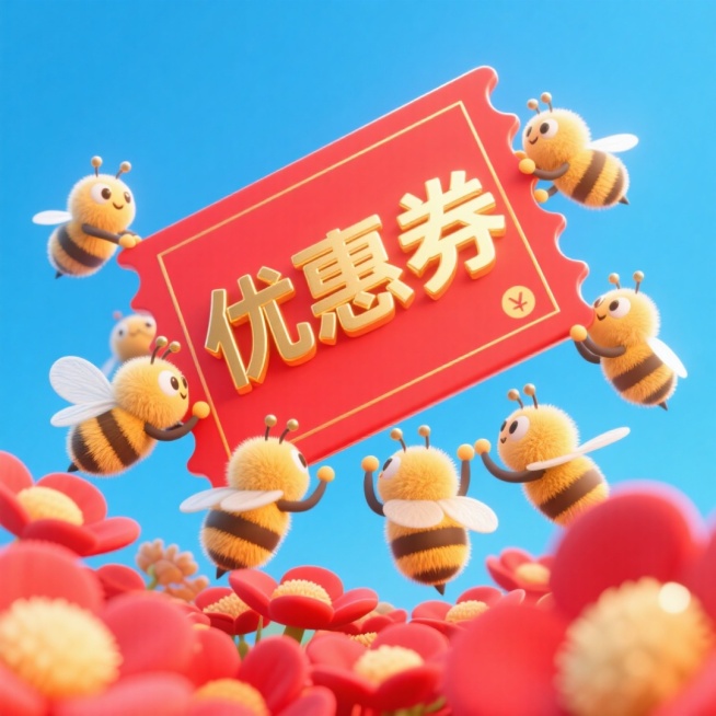 一群小蜜蜂争抢着一张巨大的红金票券（上面写着“优惠券”），底部红色花丛，蓝天背景预览效果